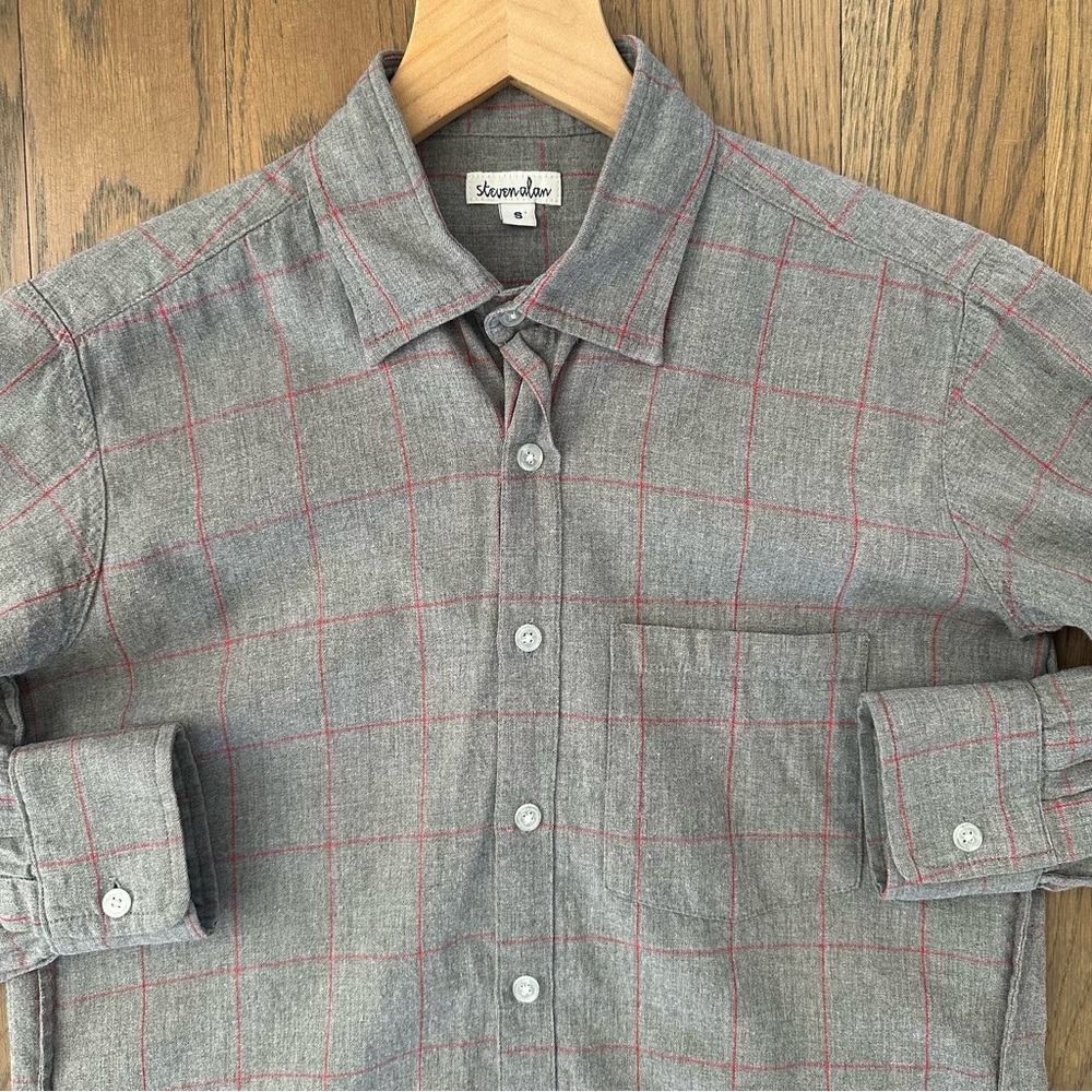Steven Alan Men's Plaid Brushed Cotton Button Front Shirt in Grey and Red Small - Picture 2 of 8